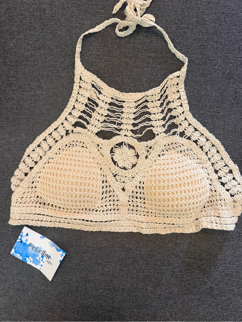 Rebellion Crocheted Halter Bralette Top in Cream NWT